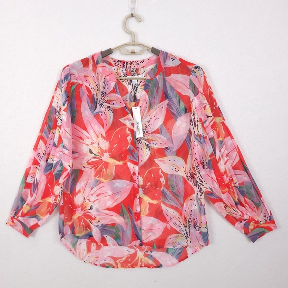 Chico's Tops - Chicos Pleated Sleeve Blouse Dreamy Lily Floral Watermelon Punch Red Pink 1.5